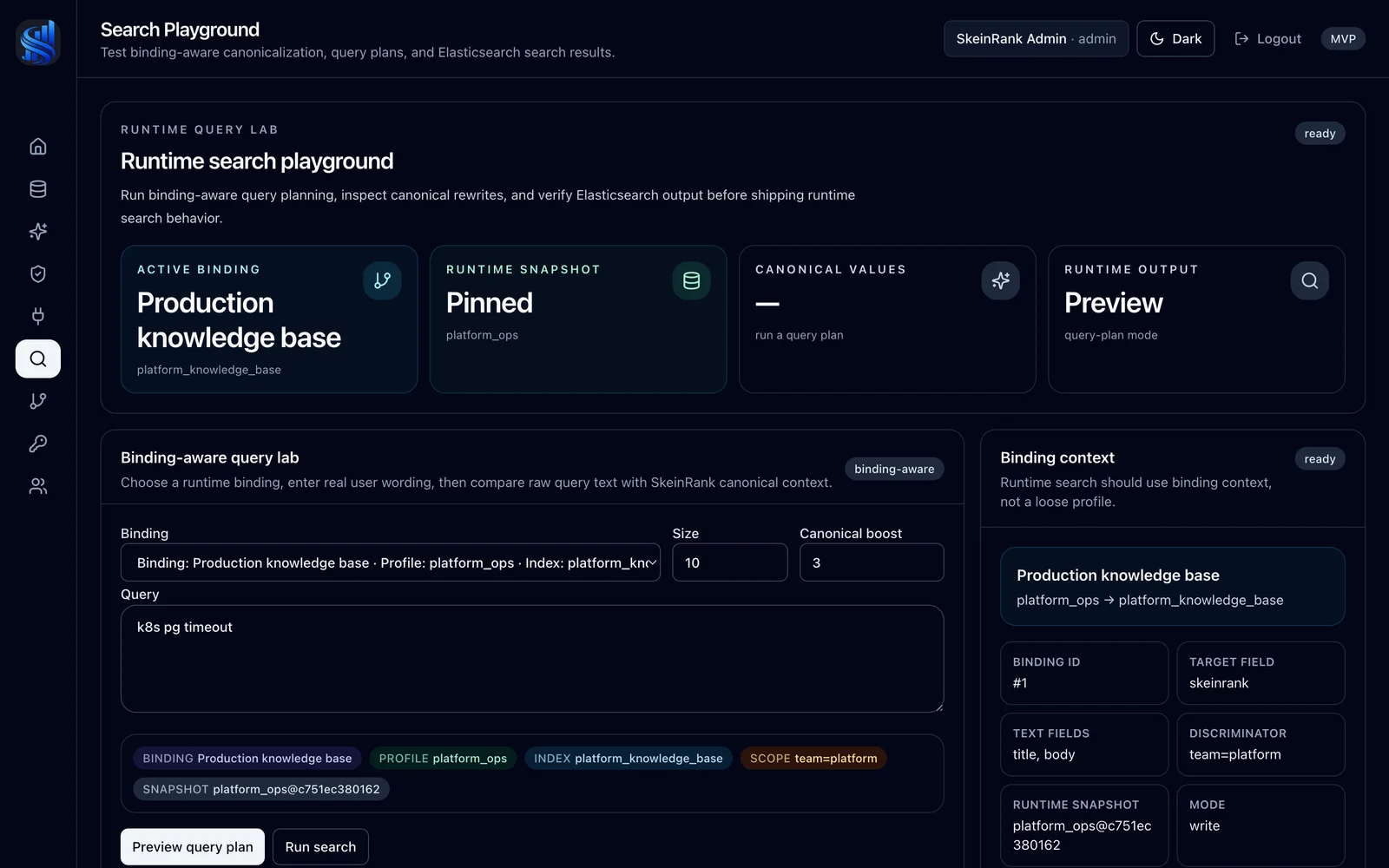 Search Playground showing a canonical query preview, matched aliases, selected runtime snapshot, and Elasticsearch results.