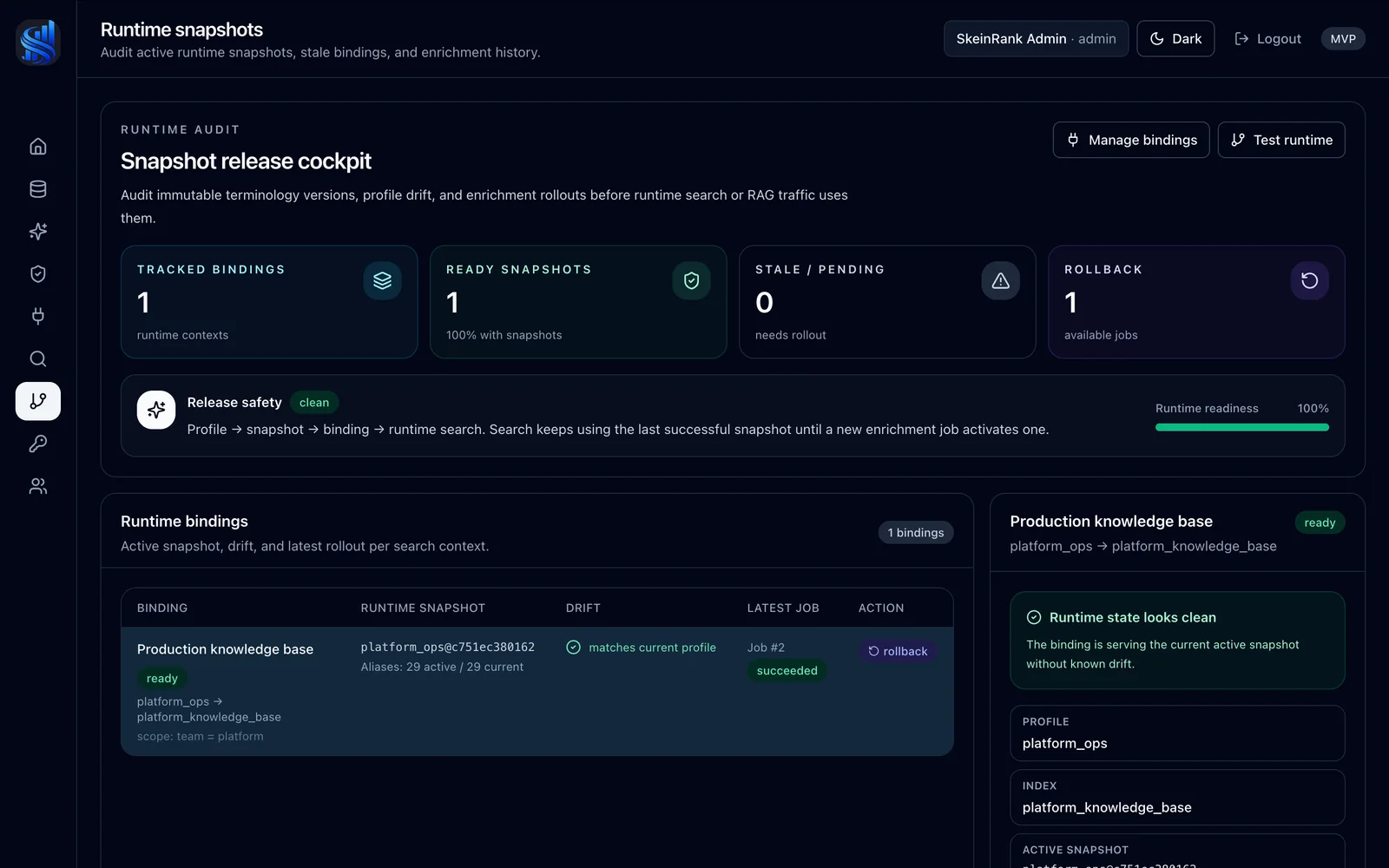Snapshots workspace showing active runtime releases, binding snapshot status, pending versions, and rollback-oriented audit data.